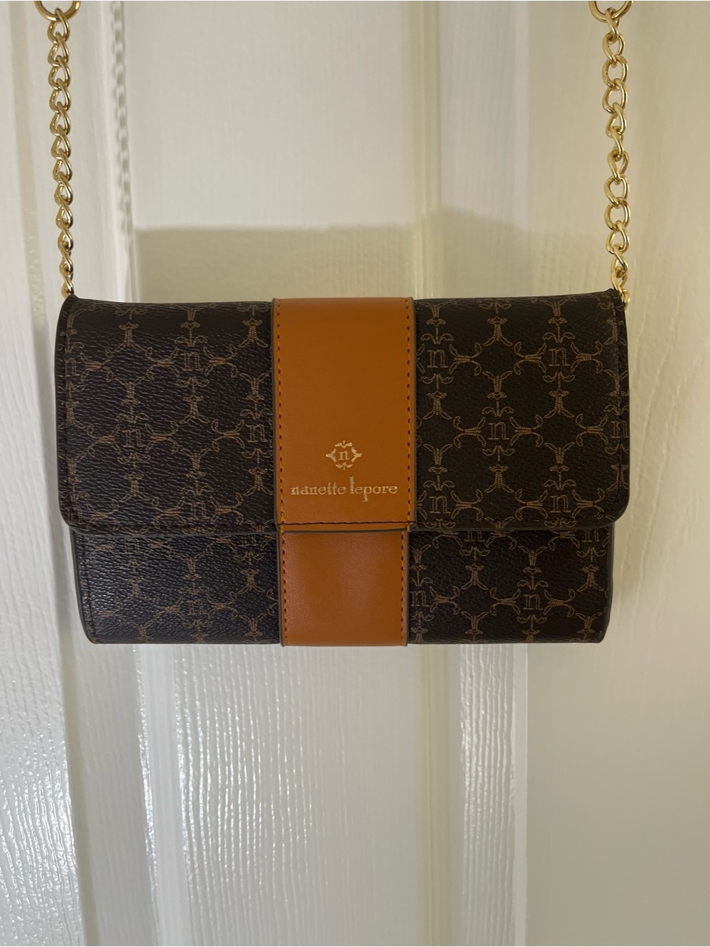 Nanette Lepore Brown & Tan Monogram Chain Crossbody